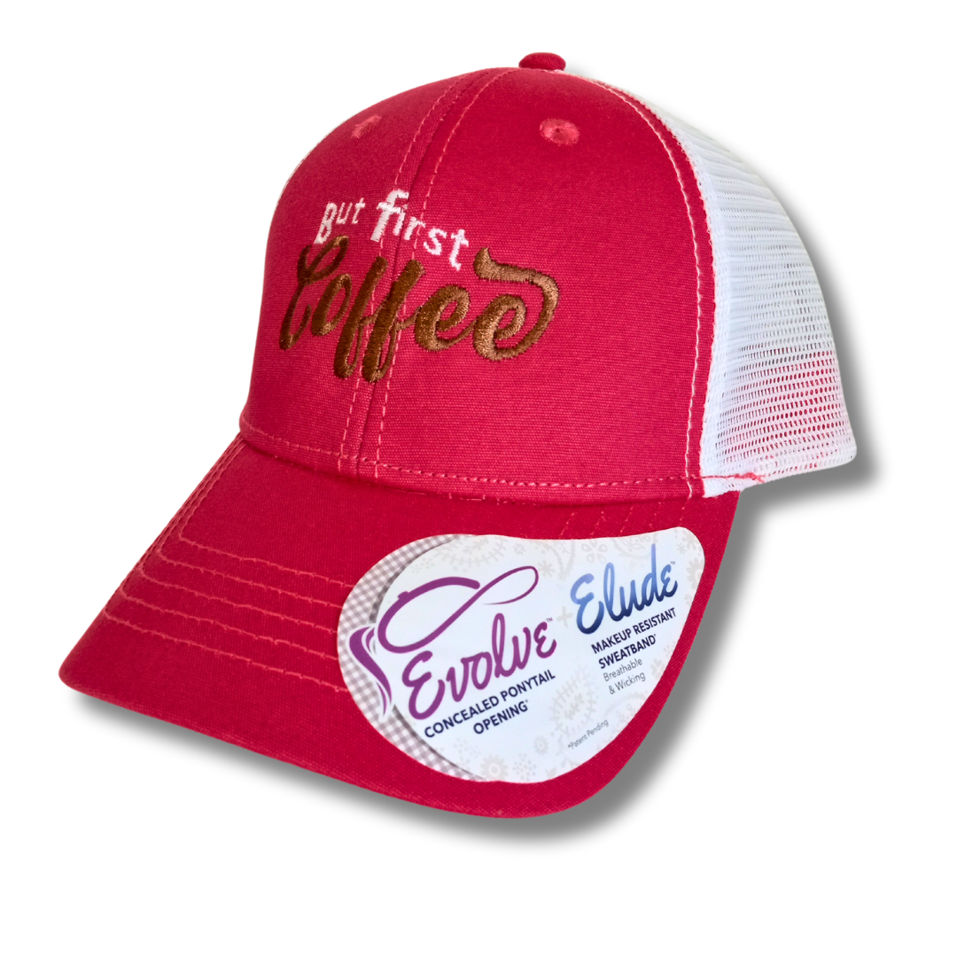 but first coffee pink and white mesh trucker cap embroidered gift