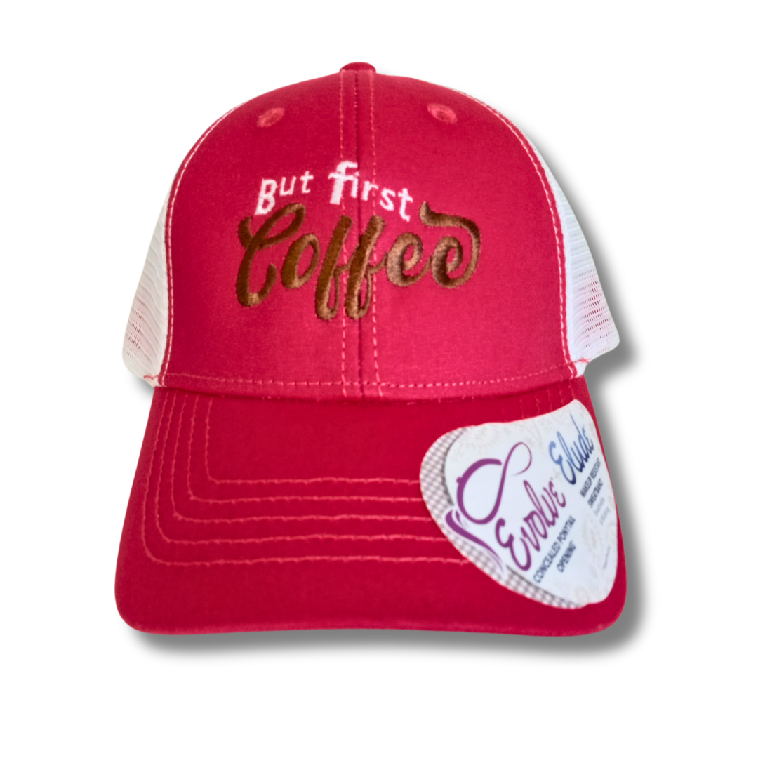 But First Coffee embroidered pink ponytail trucker mesh snapback hat