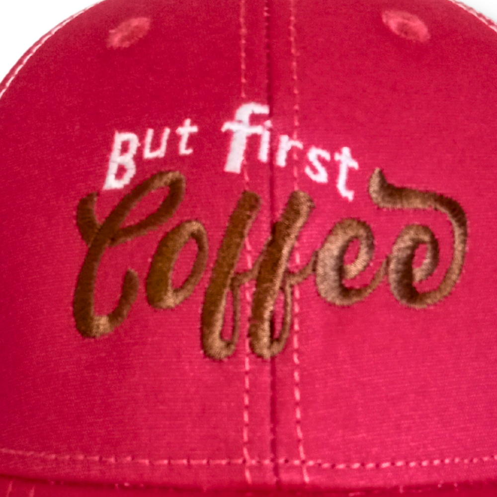 but first coffee embroidered pink ponytail cap hat