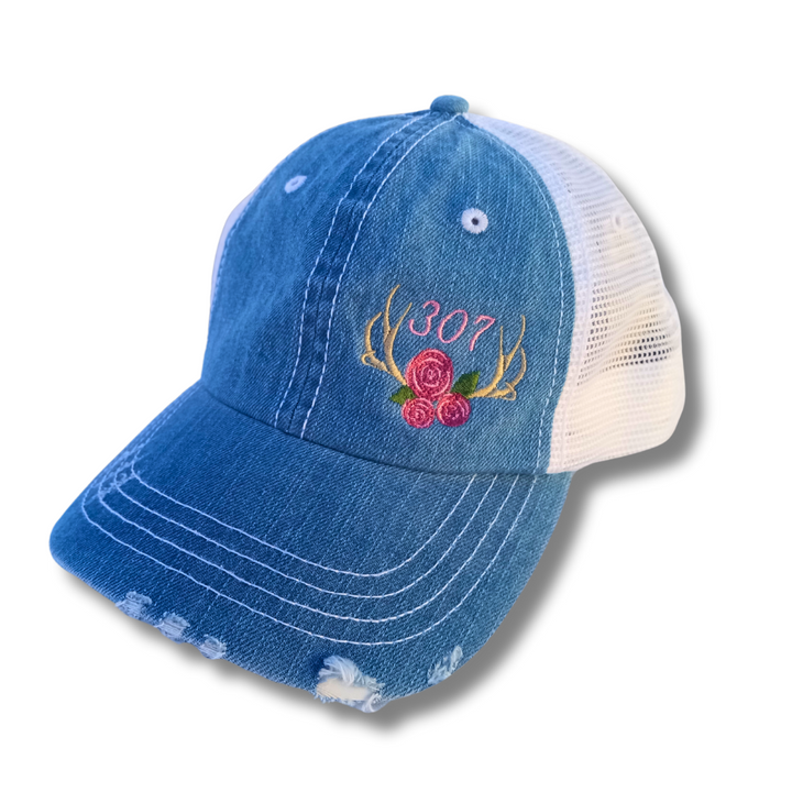 307 Wyoming Area Code Roses on Antlers Distressed Trucker Hat for Her