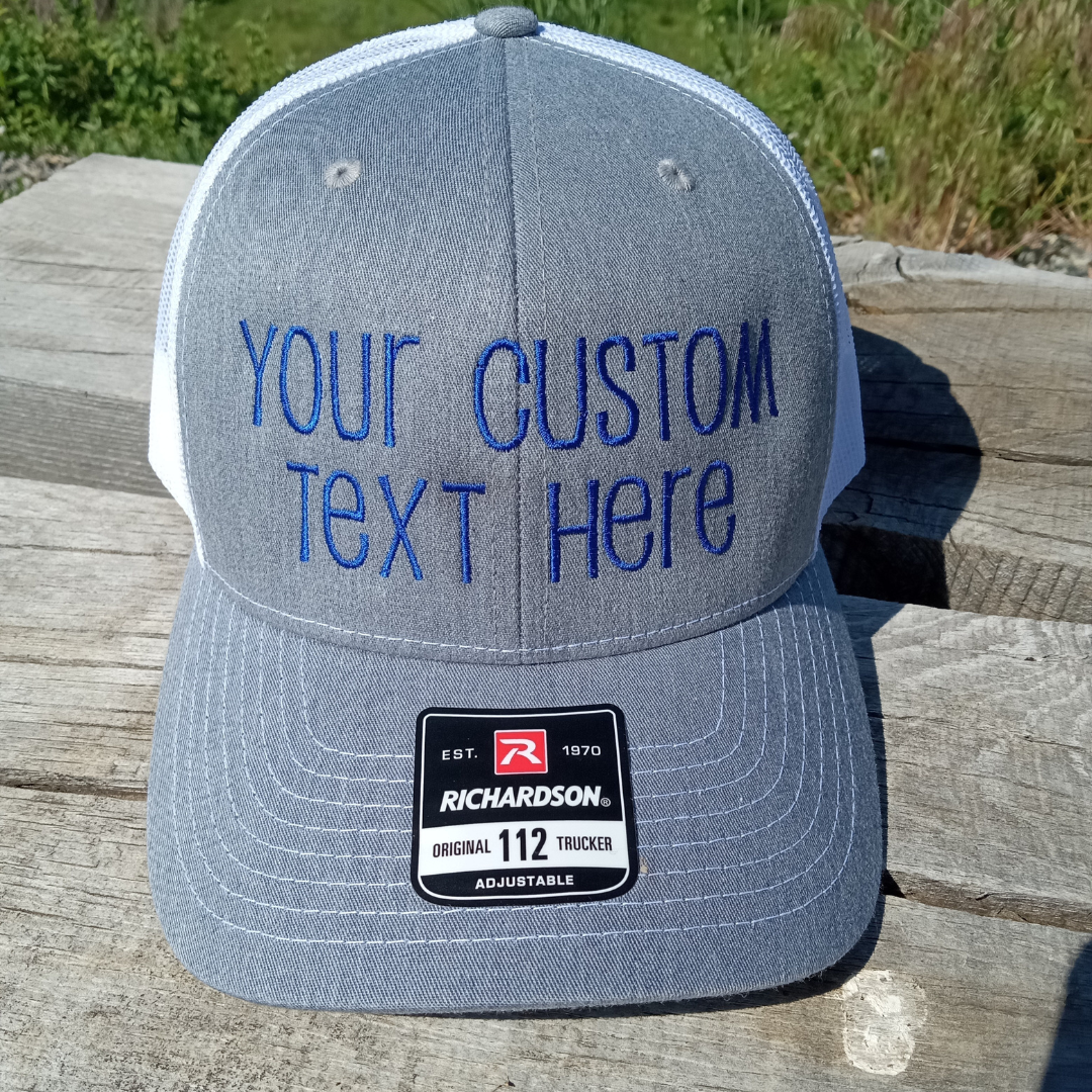 your text embroidered on richardson 112 trucker cap