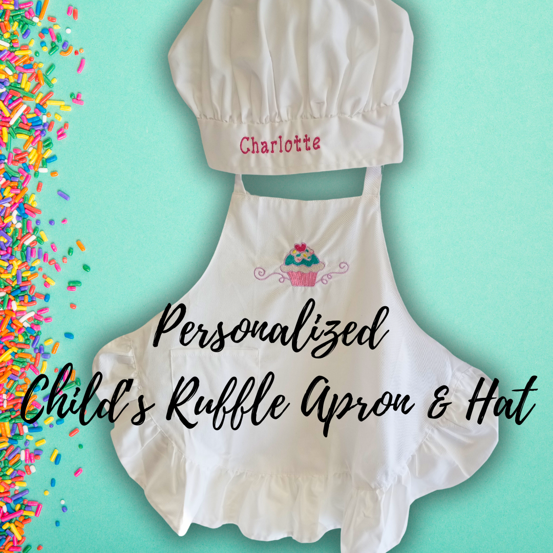 Personalized Cupcake Child and Adult Ruffle Aprons and Chef Hats