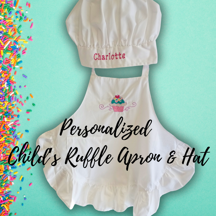 Personalized Cupcake Child and Adult Ruffle Aprons and Chef Hats