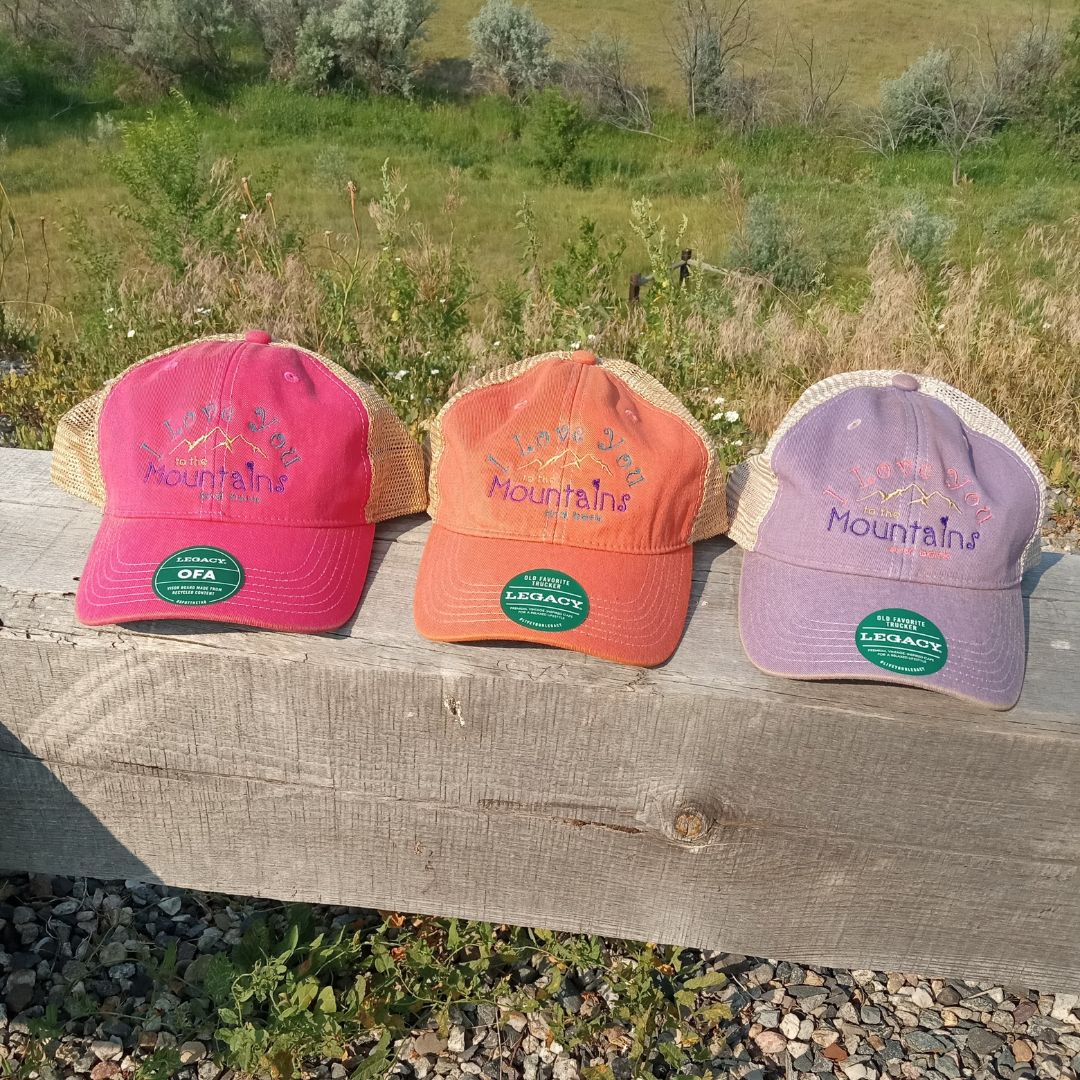 I Love you to the mountains and back peach orange teal purple mesh snapback legacy old favorite trucker cap hat gift for hikers