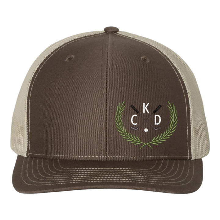 crossed golf clubs with laurel leaves crest custom monogram richardson 112 snapback trucker hat