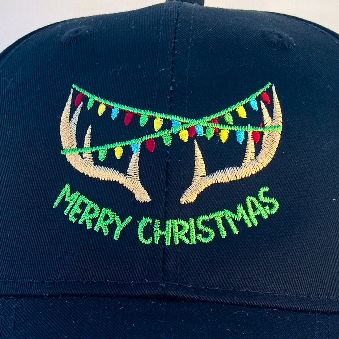 Merry Christmas Antlers and Lights Baseball Hat