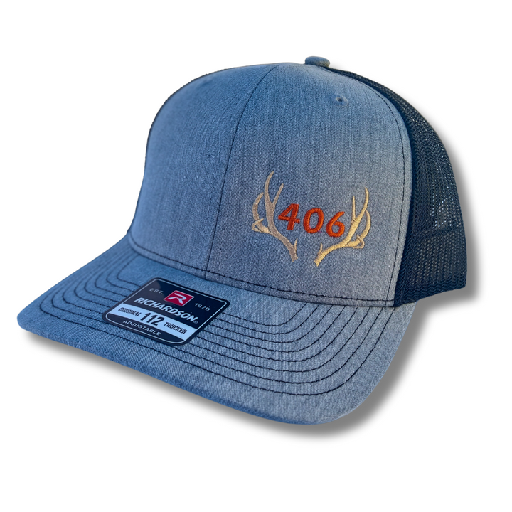 area code deer antler hat embroidered on richardson 112 trucker cap hunter orange thread