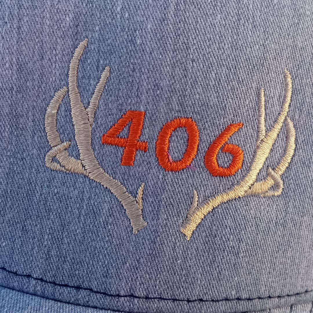 area code deer antler hat embroidered on richardson 112 trucker cap hunter orange thread