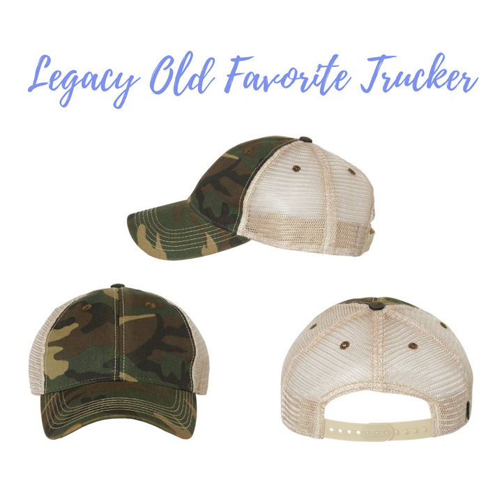 custom embroidered camo distressed legacy old favorite trucker cap hat