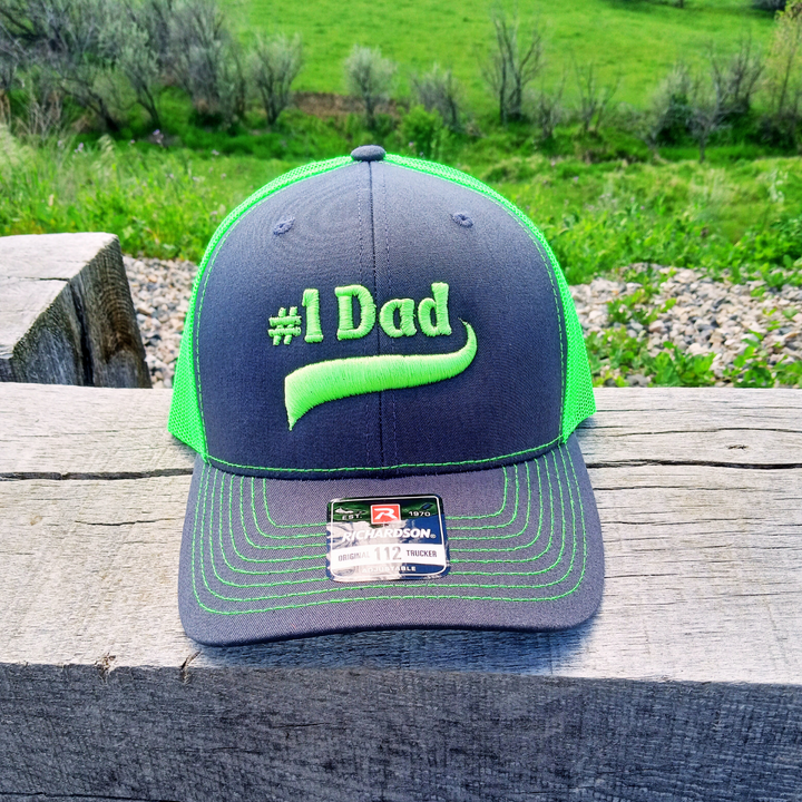 charcoal and neon green #1 dad 3d puff embroidered trucker cap hat with raised embossed look