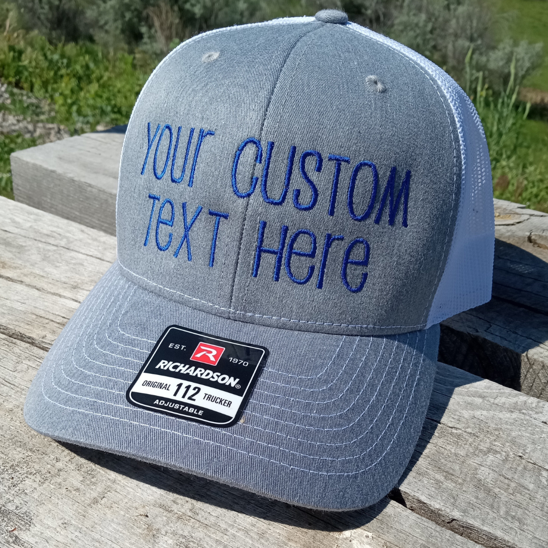 custom embroidered text on a Richardson 112 trucker cap