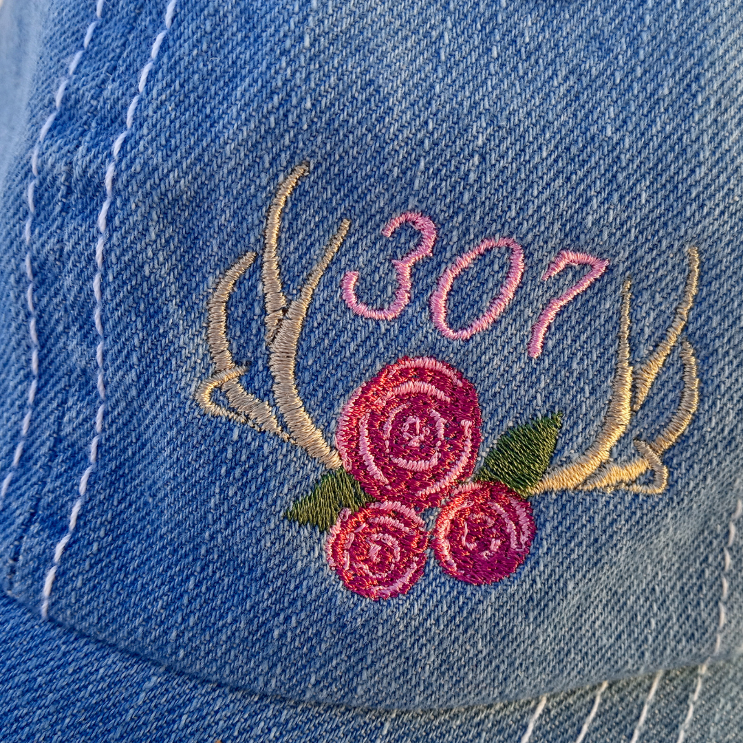 307 Wyoming Area Code Roses on Antlers Distressed Trucker Hat for Her