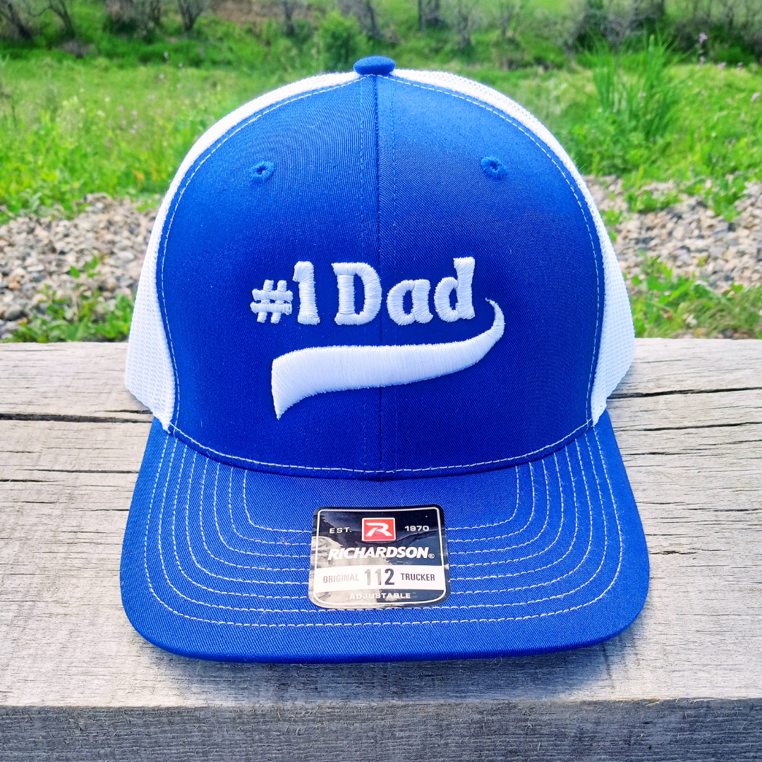 royal blue and white #1 dad 3d puff embroidered trucker cap hat with raised embossed look