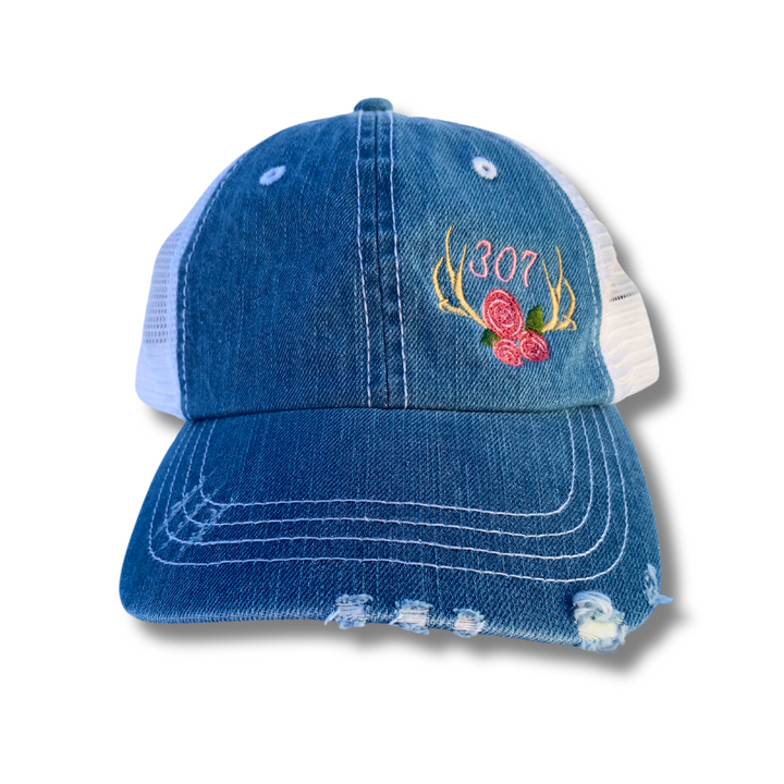 307 Wyoming Area Code Roses on Antlers Distressed Trucker Hat for Her