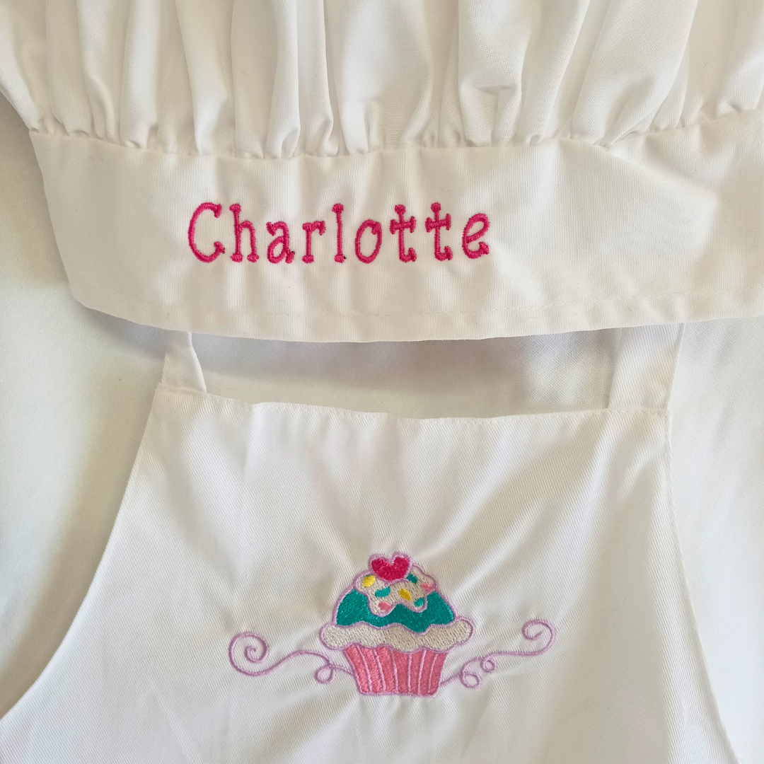 Personalized Cupcake Child and Adult Ruffle Aprons and Chef Hats