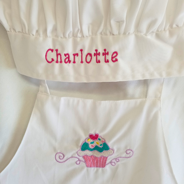 Personalized Cupcake Child and Adult Ruffle Aprons and Chef Hats