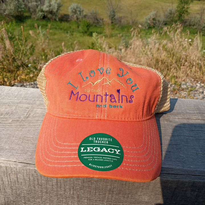 I Love you to the mountains and back peach orange teal purple mesh snapback legacy old favorite trucker cap hat gift for hikers