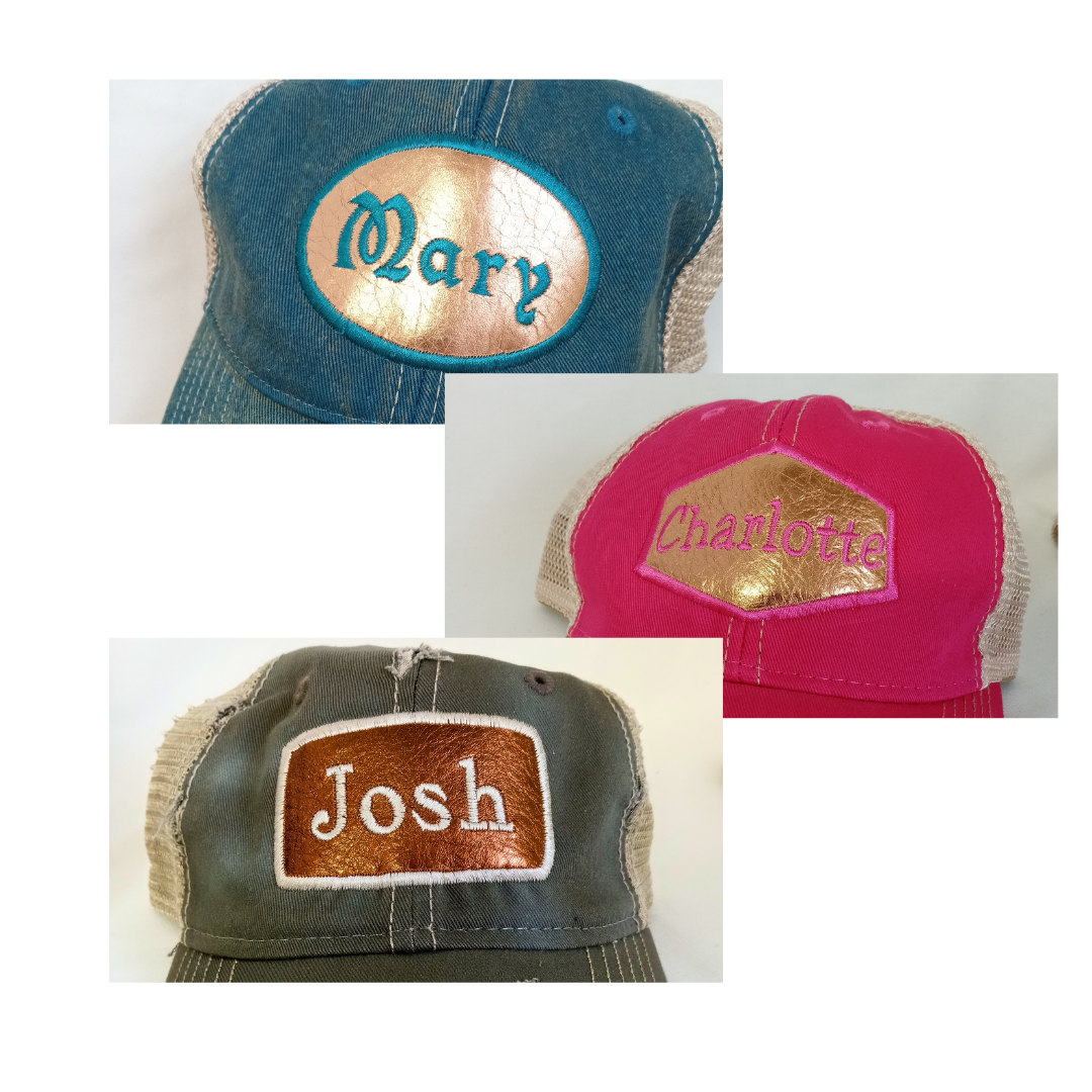 embroidered leather patch hats with custom names on vintage distressed legacy old favorite trucker cap hat