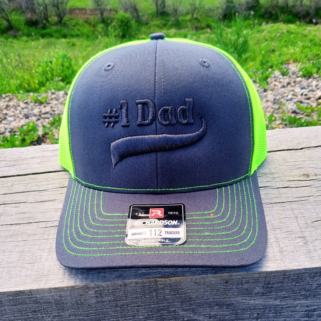 charcoal and neon yellow #1 dad 3d puff embroidered trucker cap hat with raised embossed look