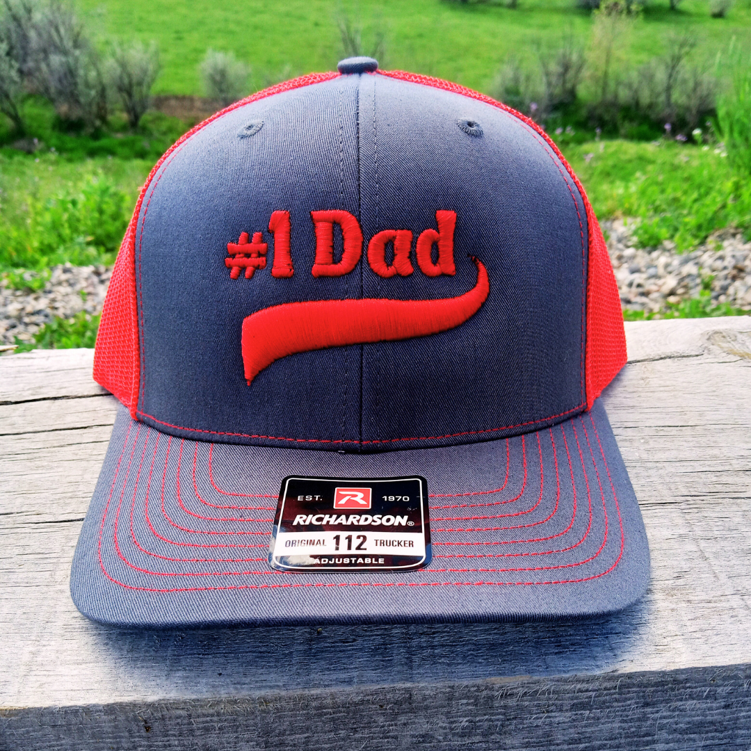 charcoal and red #1 dad 3d puff embroidered trucker cap hat with raised embossed look