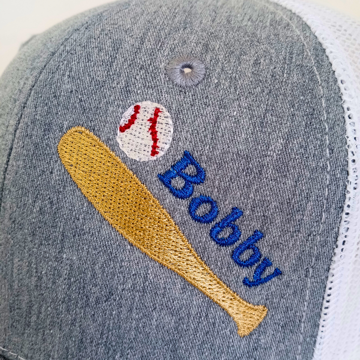 embroidered baseball bat and ball with custom personalized name on hat cap