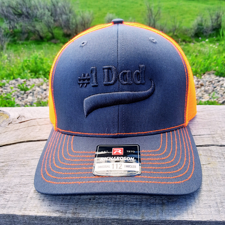 charcoal and neon orange #1 dad 3d puff embroidered trucker cap hat with raised embossed look