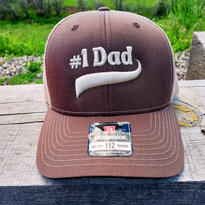 brown and khaki #1 dad 3d puff embroidered trucker cap hat with raised embossed look