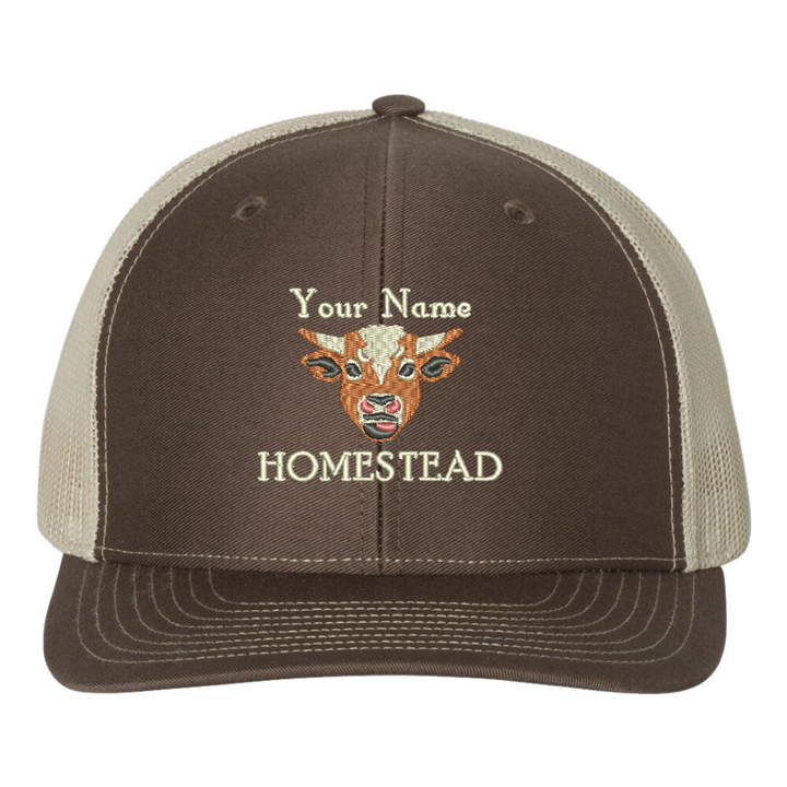 Your Name Homestead --- Personalized Embroidered Trucker Hat with Jersey Cow