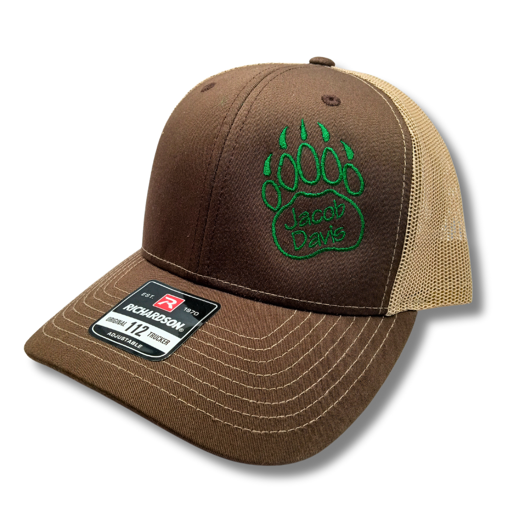 custom embroidered personalized bear paw name hat brown richardson 112 trucker cap 