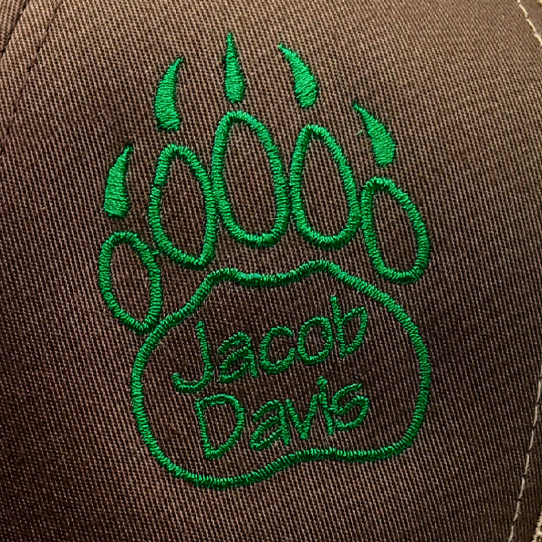 custom embroidered bear paw and name on hat