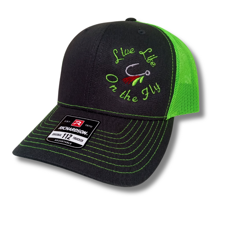 live life on the fly embroidered neon green richardson 112 trucker cap hat with a fly fishing lure