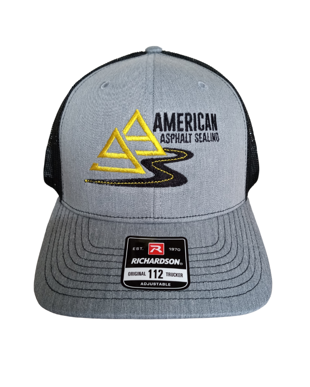 american asphalt sealing custom embroidered logo richardson 112 cap heather gray and black hat