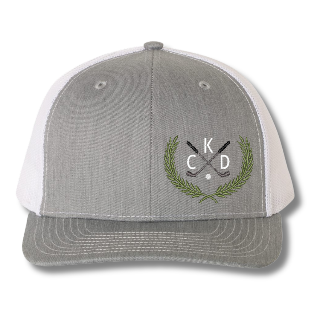 crossed golf clubs with laurel leaves crest custom monogram richardson 112 snapback trucker hat