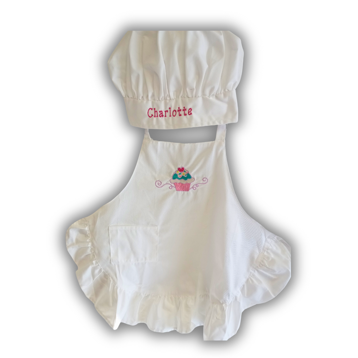 Personalized Cupcake Child and Adult Ruffle Aprons and Chef Hats