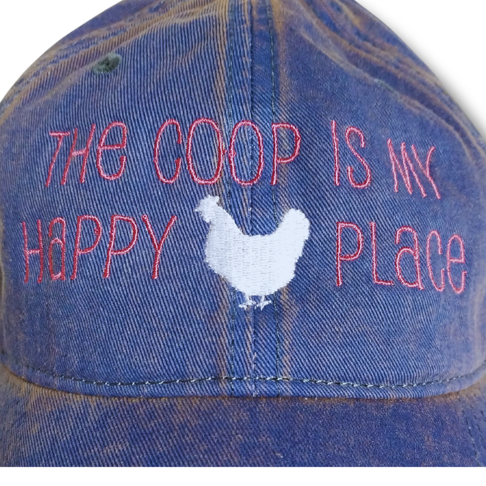 the coop is my happy place backyard chicken homesteader gift idea. Embroidered legacy hat cap with pink and white thread