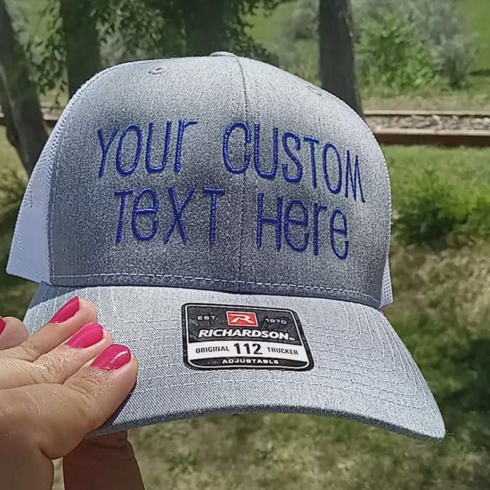 Video of Richardson 112 trucker cap being embroidered with your text